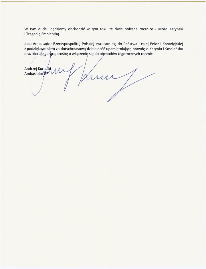 List otwarty do Polonii prezesa Ambasada Rzeczypospolitej Polskiej w Ottawie. 