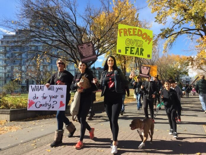 Anti-mask rally to protest mask mandate in Calgary october 2020