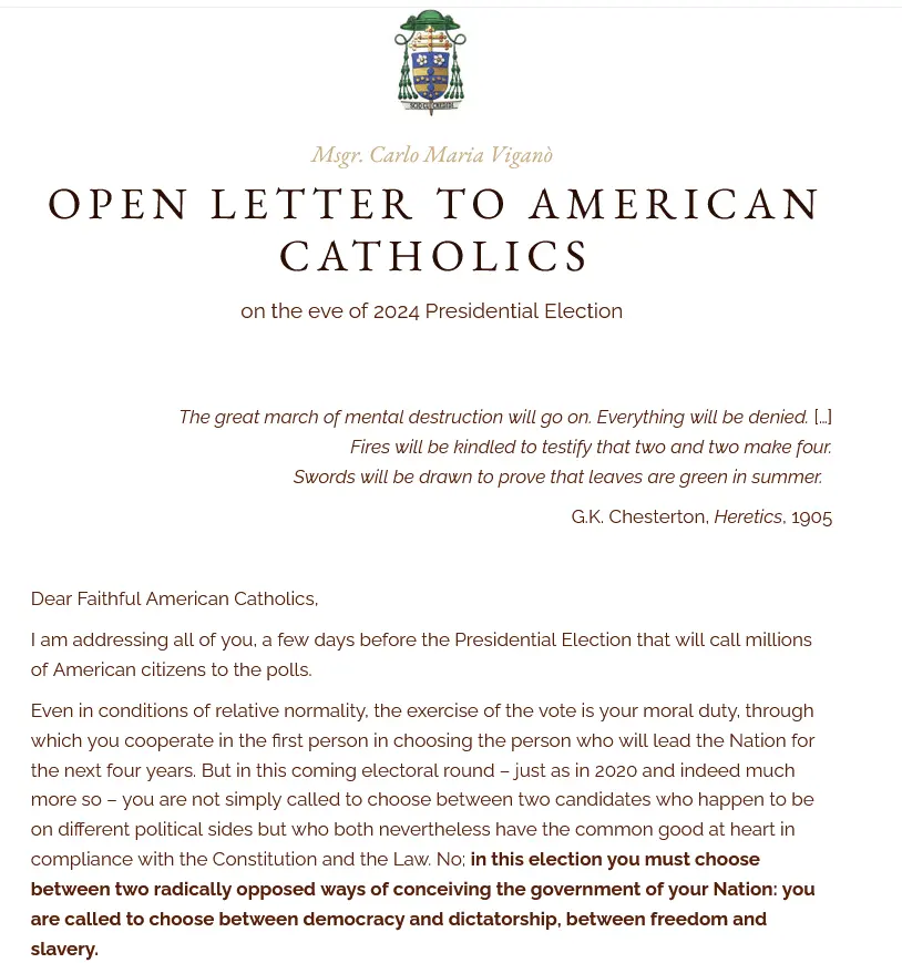 Archbishop Carlo Maria Viganò, Dispatches Open Letter to Catholics in Advance of Election Day  