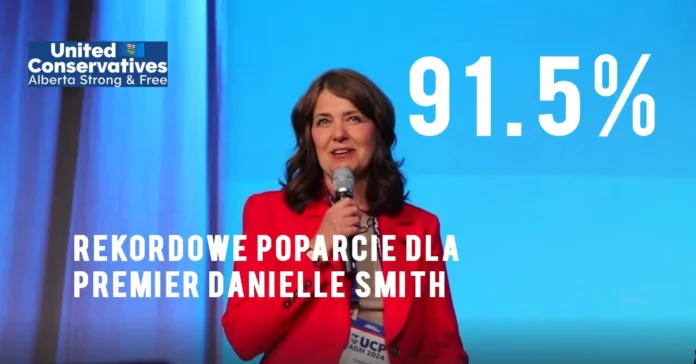 Premier Alberty Danielle Smith otrzymała 91,5% poparcia dla swojego przywództwa od członków Zjednoczonej Partii Konserwatywnej