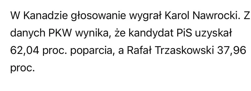 Zwycięstwo konserwatysty Karola Nawrockiego w weekendowych wyborach prezydenckich w Polsce. 3 Wyniki wWyborow na Prezydenta RP w Kanadzie
