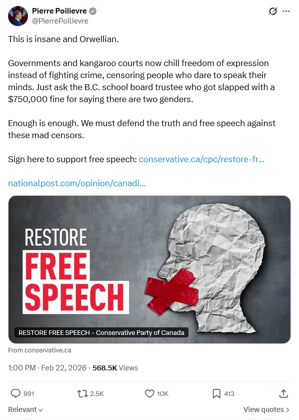 Były członek rady szkolnej w Kolumbii Brytyjskiej ukarany grzywną w wysokości 750 tysięcy dolarów za sprzeciwianie się ideologii transpłciowości 1 Pierre Poilievre on X This is insane and Orwellian.